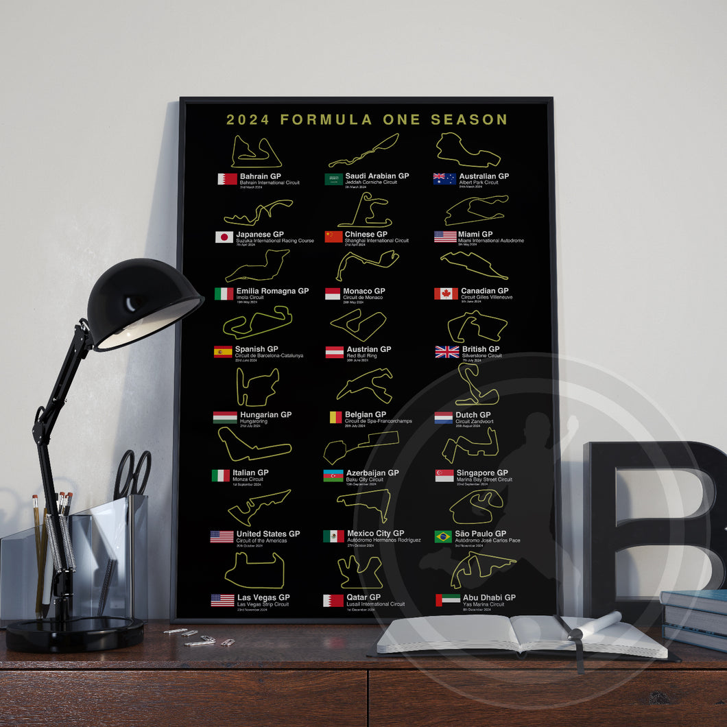 2024 Formula 1 race calendar poster print