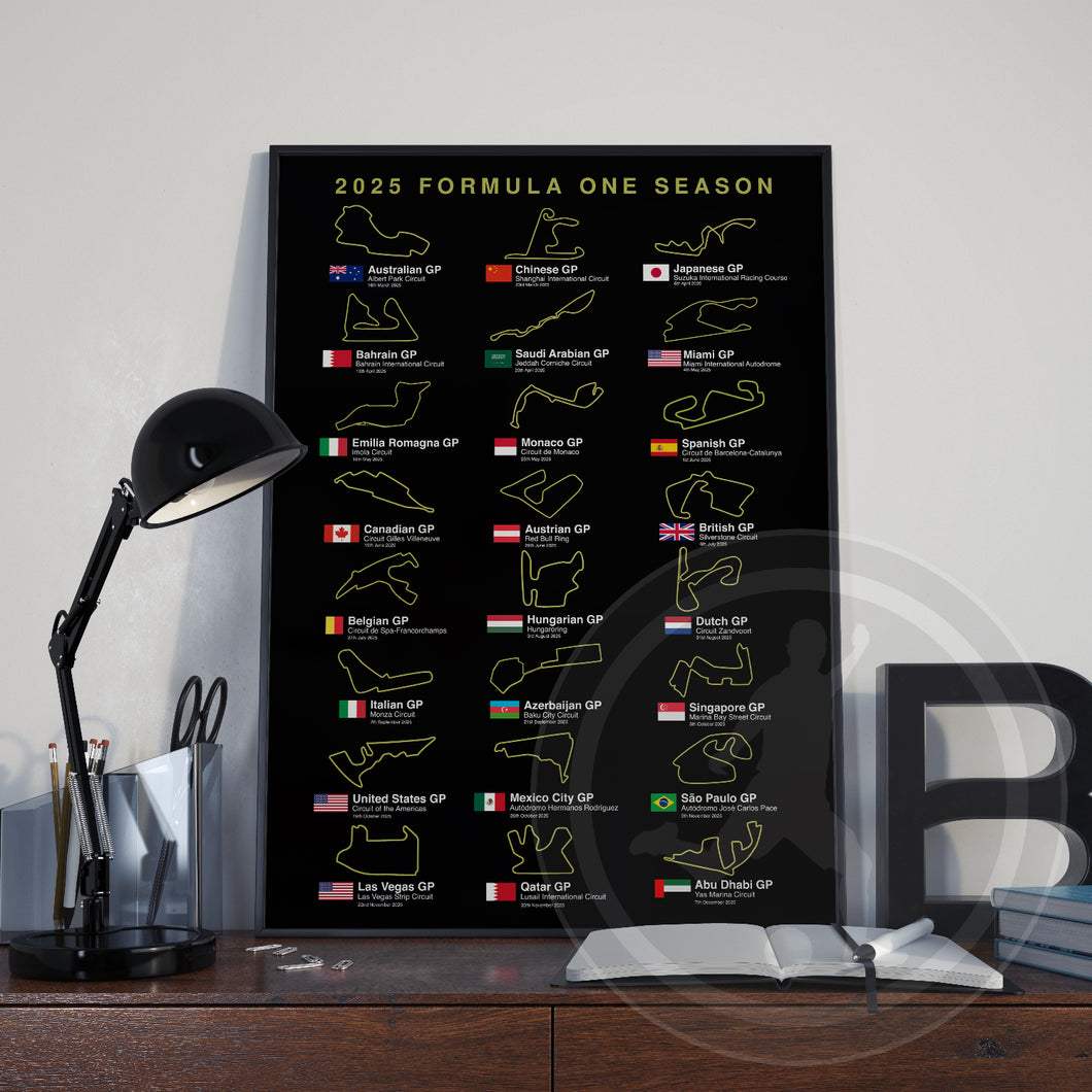 2025 Formula 1 race calendar poster print