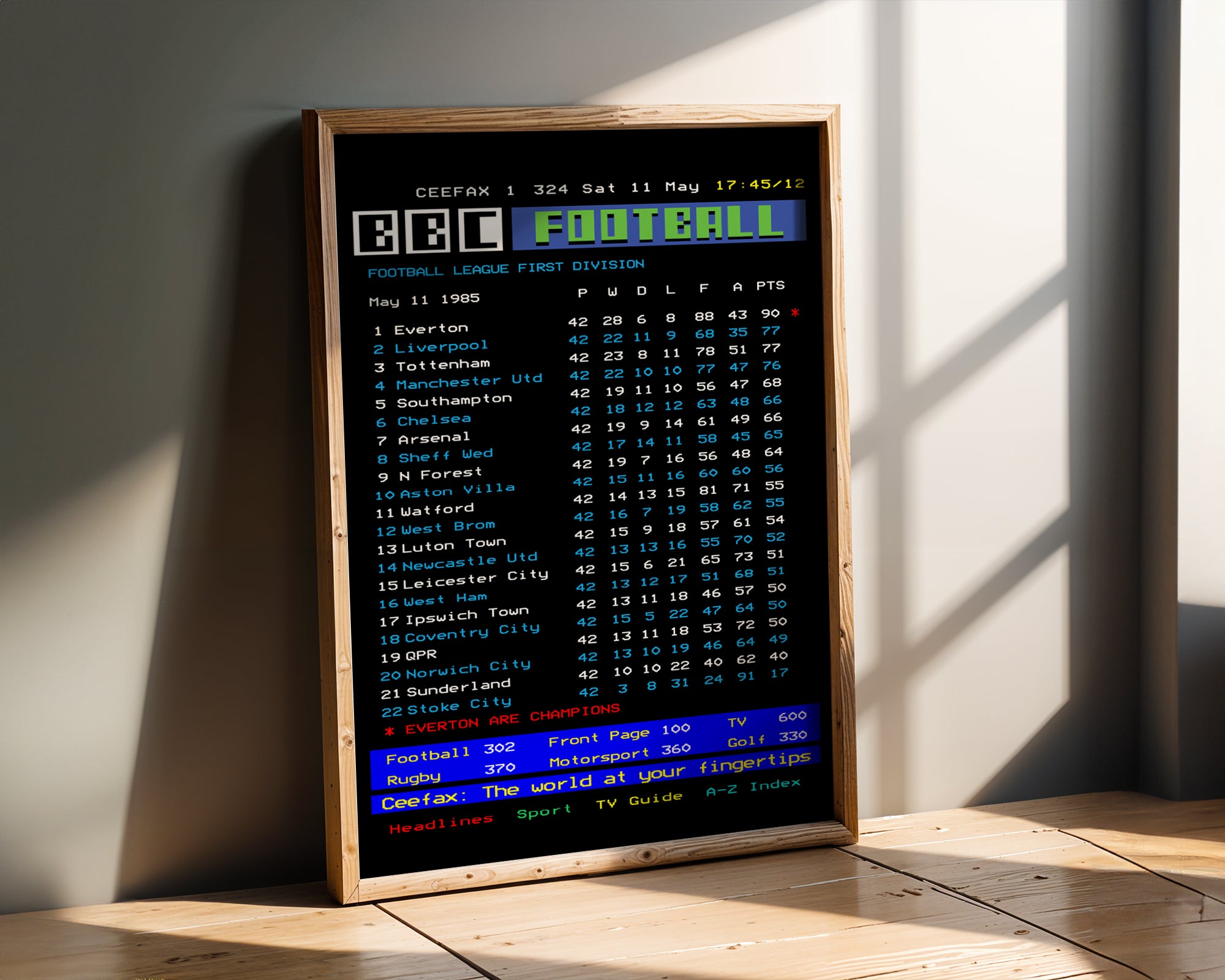 Everton CEEFAX 1984/85 season league table poster