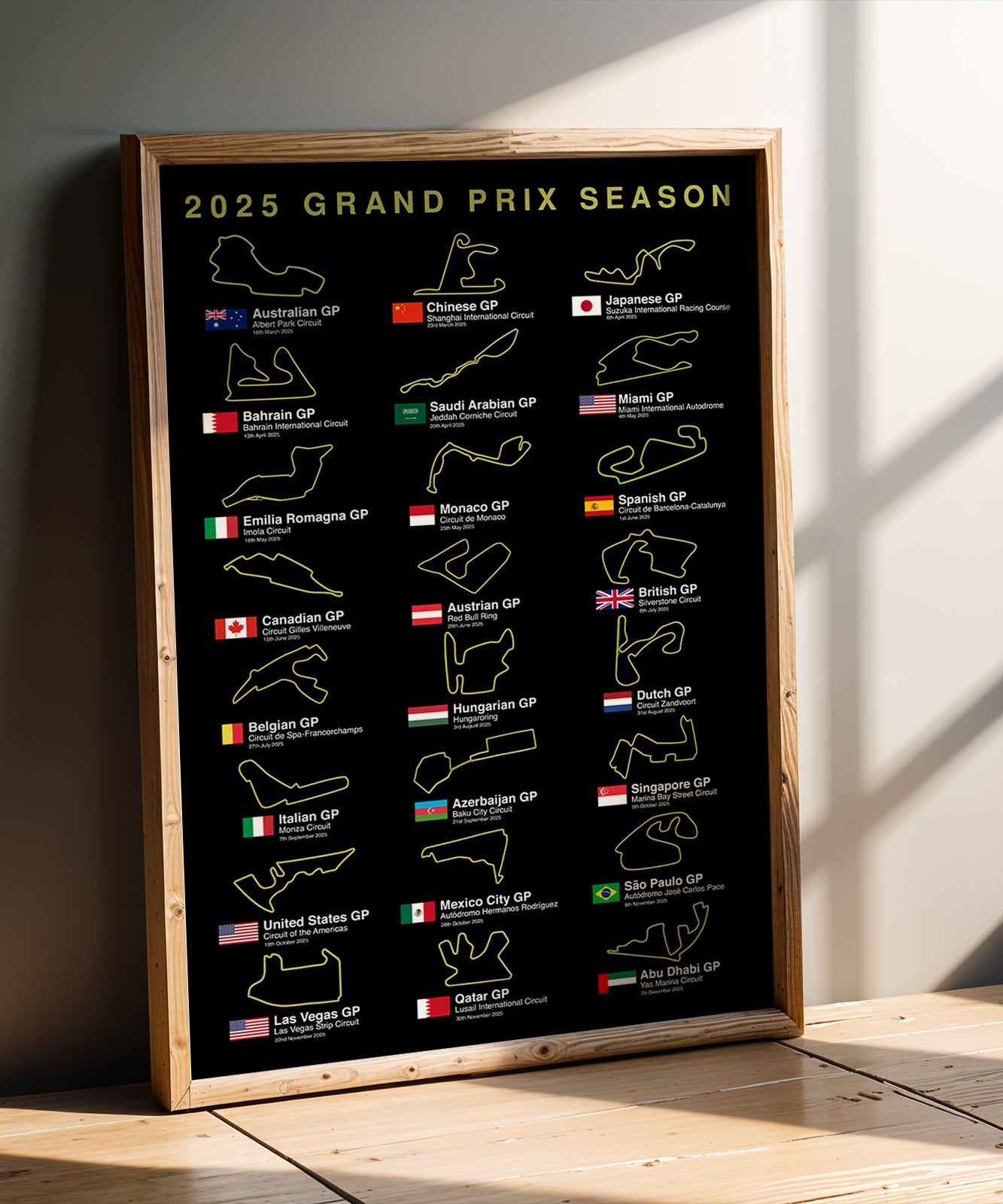 2025 Formula 1 race calendar poster print
