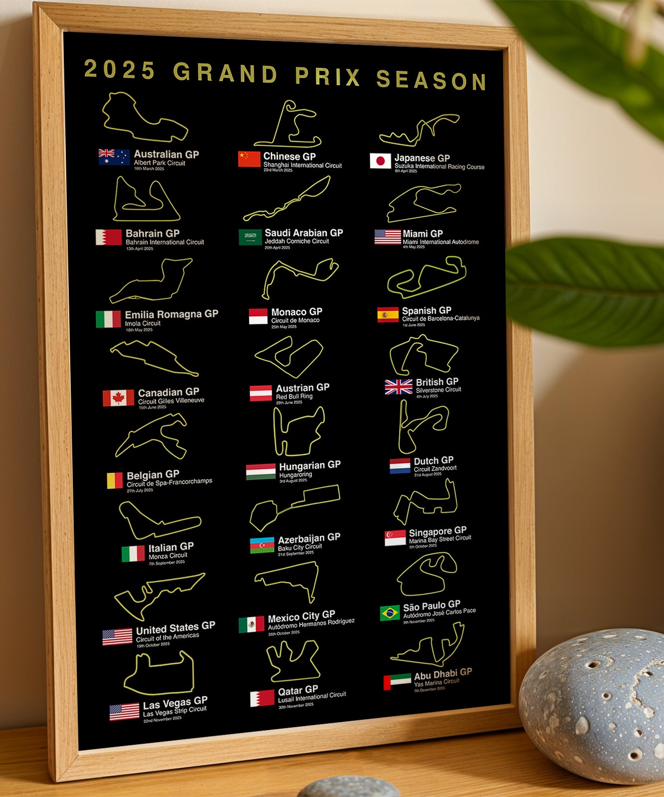 2025 Formula 1 race calendar poster print