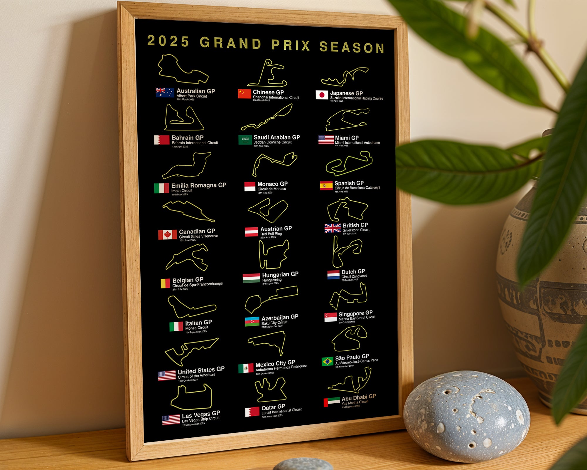 2025 Formula 1 race calendar poster print
