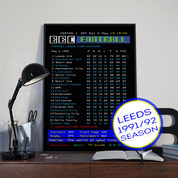Leeds United CEEFAX 1991/92 season league table poster - LIMITED EDITION