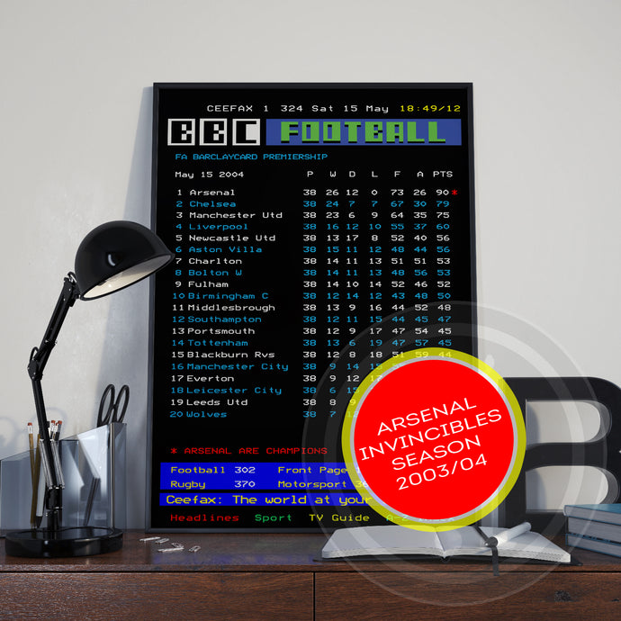 Arsenal CEEFAX 2003/04 invincibles season league table poster - LIMITED EDITION