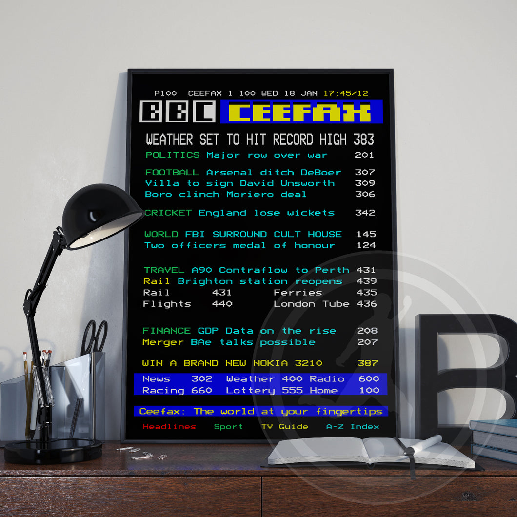 CEEFAX Personalised BBC Ceefax UK TV poster art decor print, personalized gift for him