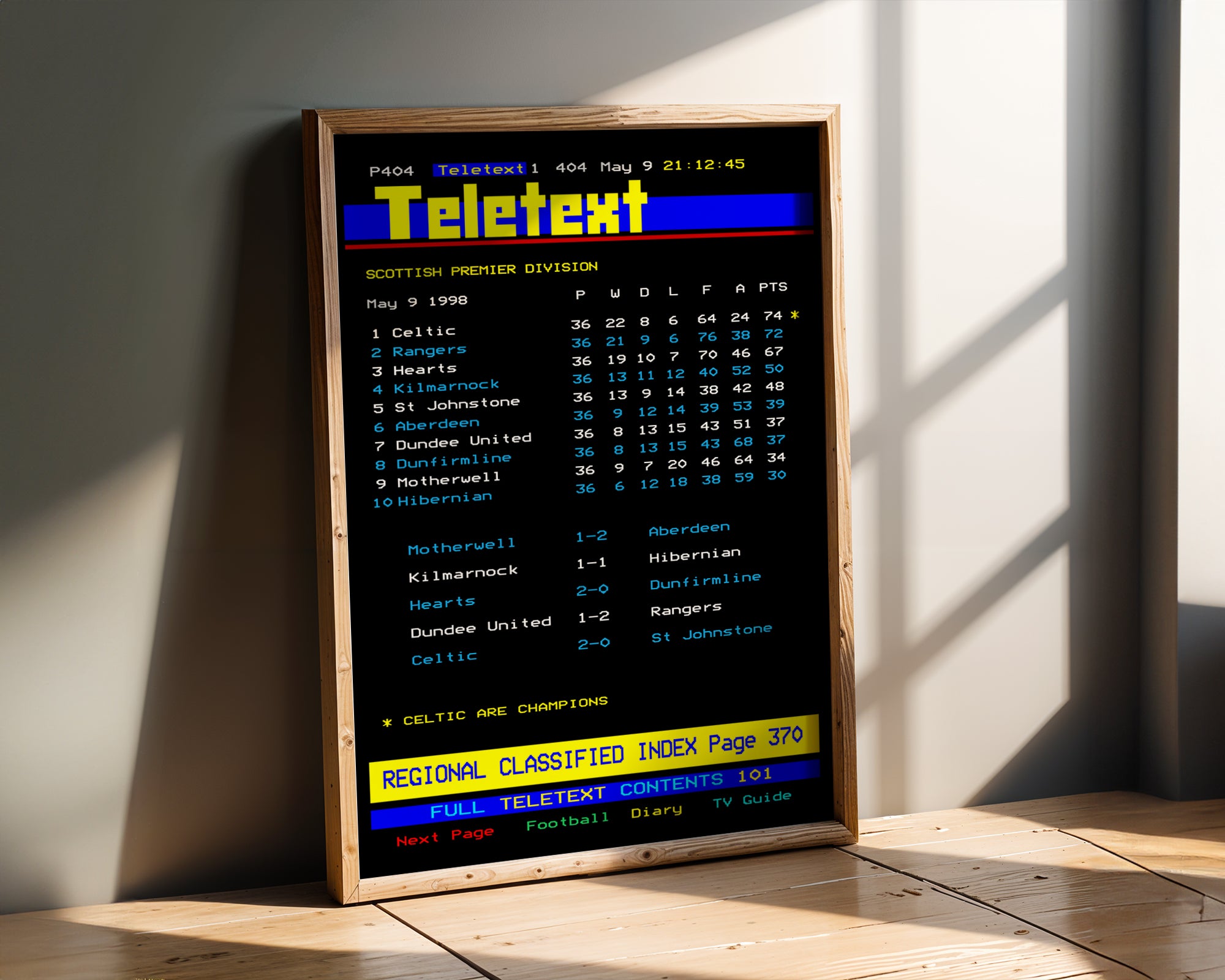 Celtic CEEFAX 1997/98 season league table poster
