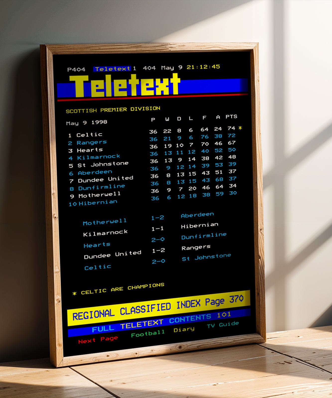 Celtic CEEFAX 1997/98 season league table poster