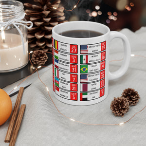 F1 2025 Race Calendar coffee mug, ideal gift for him or Dad. Glossy white mug, Great gift for the 2025 season, Worldwide Shipping