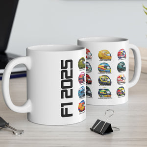 F1 2025 Driver Helmet coffee mug, ideal gift for him or Dad. Glossy white mug, Great gift for the 2025 season, Worldwide Shipping