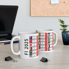 F1 2025 Race Calendar coffee mug, ideal gift for him or Dad. Glossy white mug, Great gift for the 2025 season, Worldwide Shipping