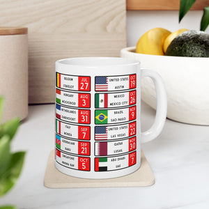 F1 2025 Race Calendar coffee mug, ideal gift for him or Dad. Glossy white mug, Great gift for the 2025 season, Worldwide Shipping