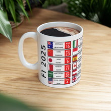 F1 2025 Race Calendar coffee mug, ideal gift for him or Dad. Glossy white mug, Great gift for the 2025 season, Worldwide Shipping