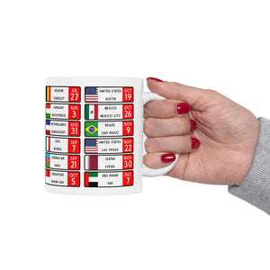 F1 2025 Race Calendar coffee mug, ideal gift for him or Dad. Glossy white mug, Great gift for the 2025 season, Worldwide Shipping