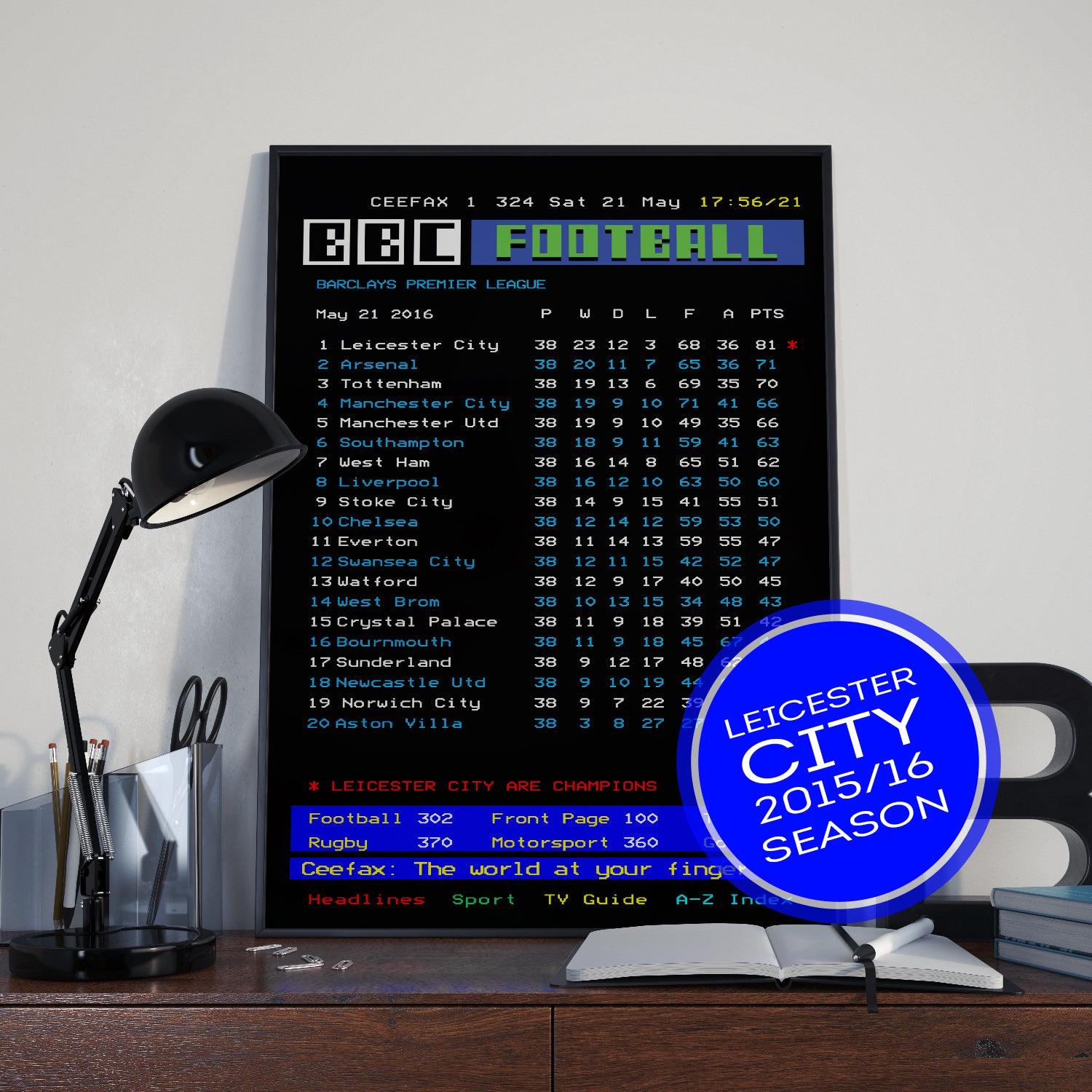 Leicester City CEEFAX 2015/16 season league table poster