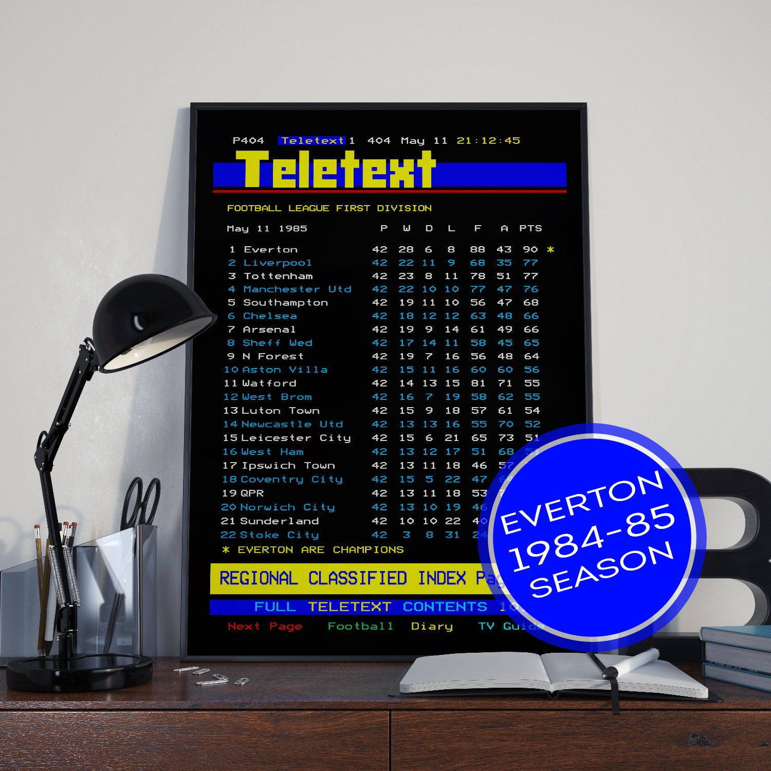 Everton CEEFAX 1984/85 season league table poster