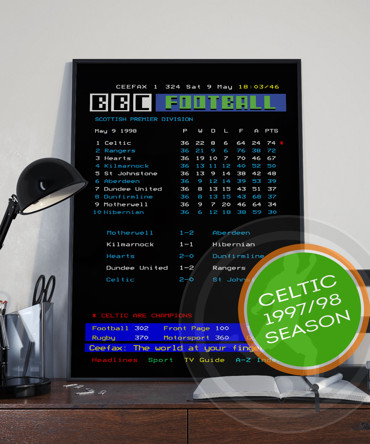 Celtic CEEFAX 1997/98 season league table poster