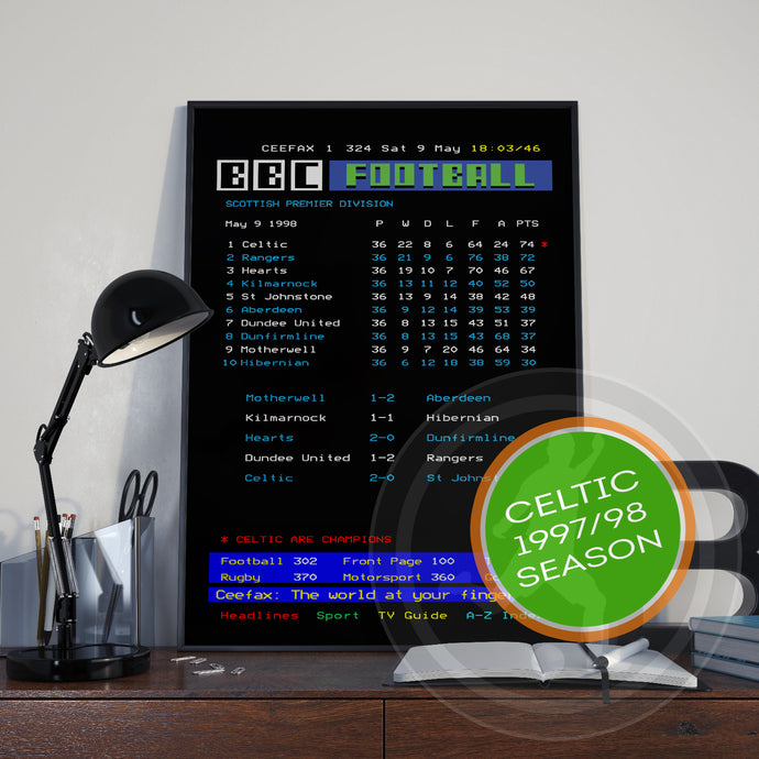 Celtic CEEFAX 1997/98 season league table poster - LIMITED EDITION