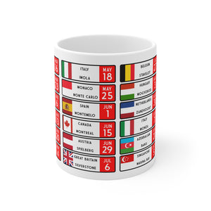 F1 2025 Race Calendar coffee mug, ideal gift for him or Dad. Glossy white mug, Great gift for the 2025 season, Worldwide Shipping