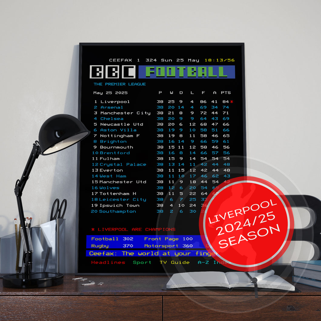 Liverpool CEEFAX 2024/25 season league table poster - LIMITED EDITION