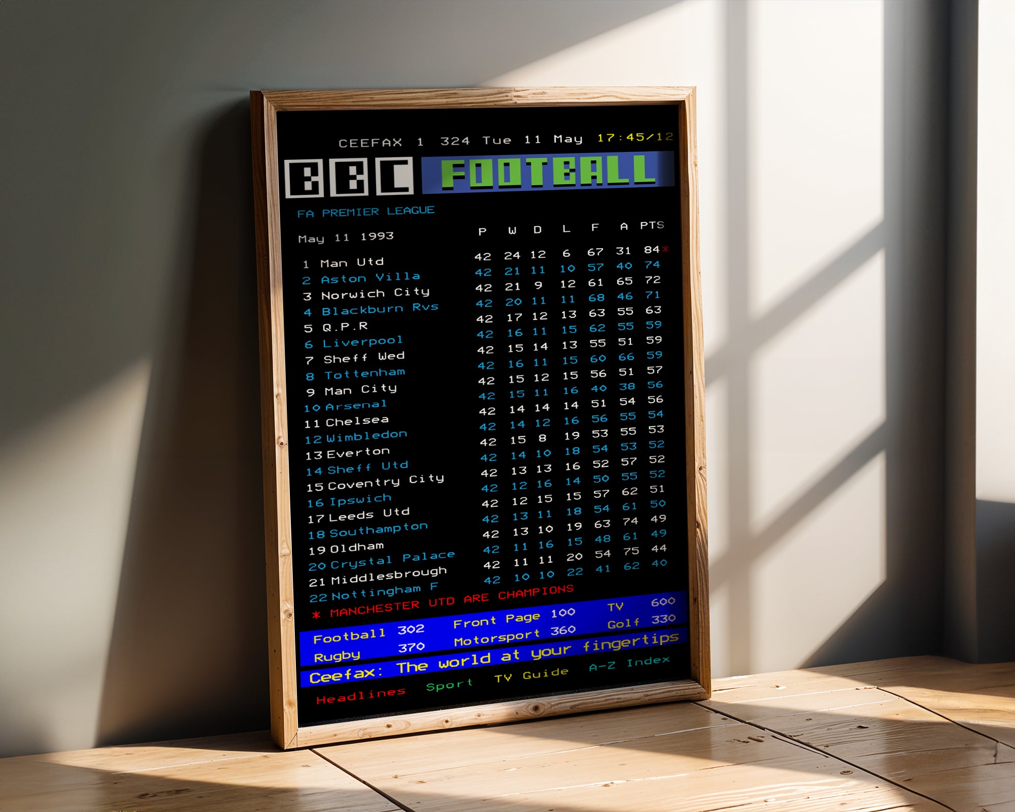 Manchester United CEEFAX 1992/93 season league table poster