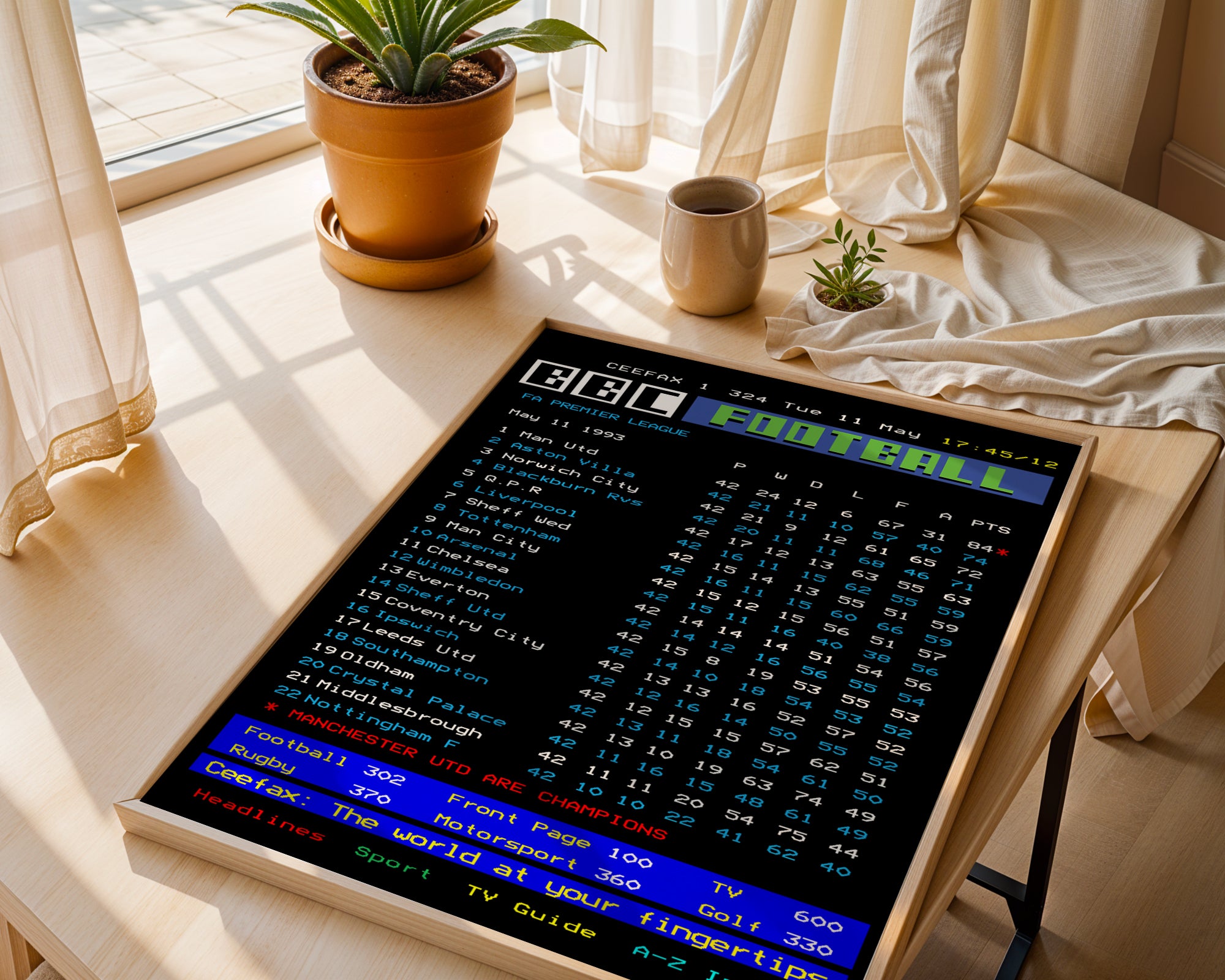 Manchester United CEEFAX 1992/93 season league table poster