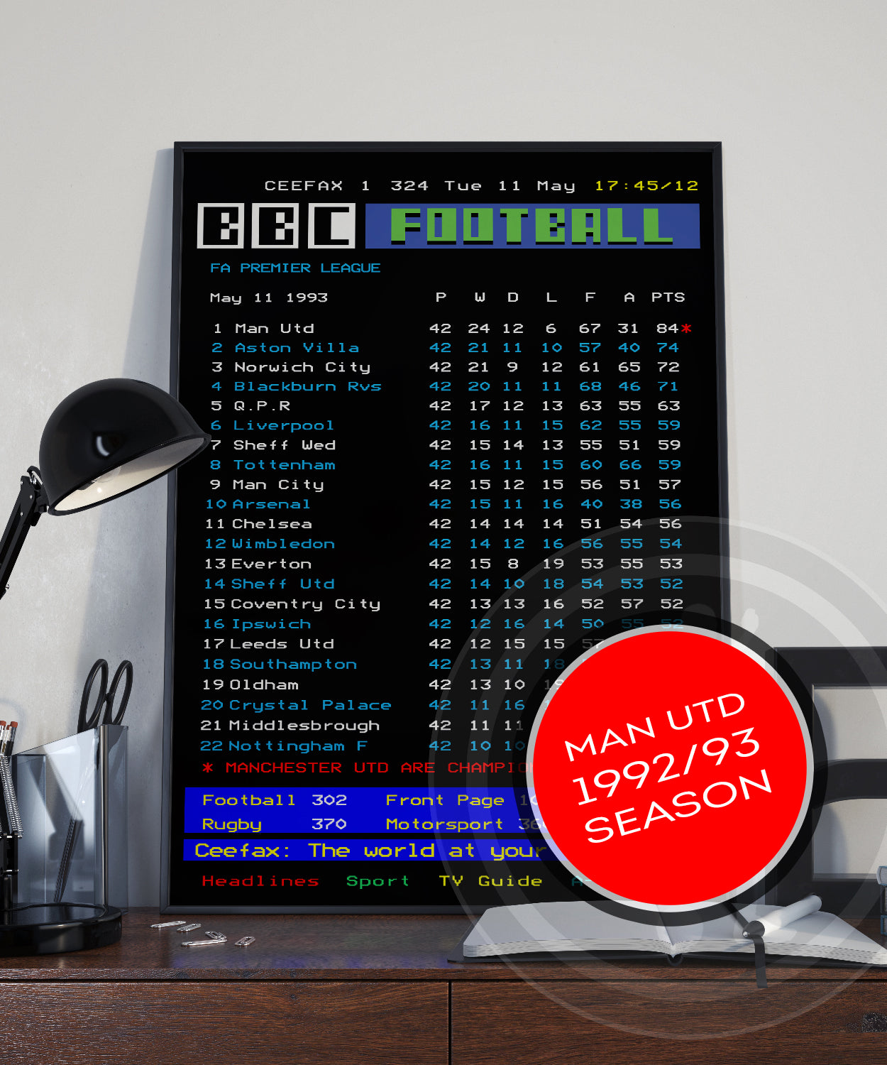 Manchester United CEEFAX 1992/93 season league table poster