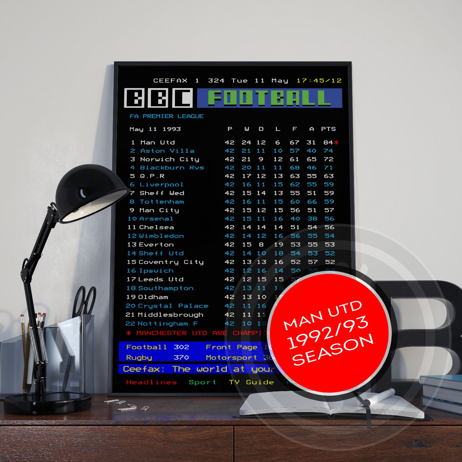 Manchester United CEEFAX 1992/93 season league table poster