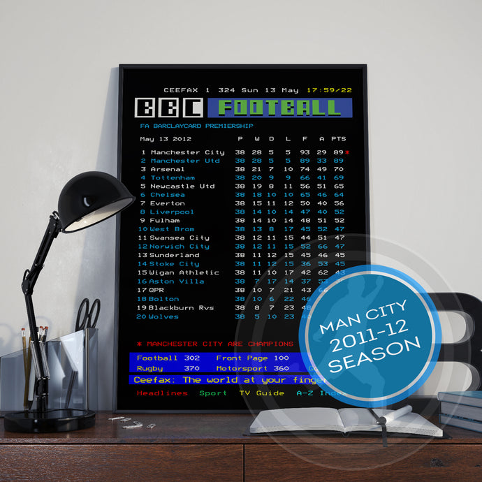 Manchester City CEEFAX 2011/12 season league table poster - LIMITED EDITION