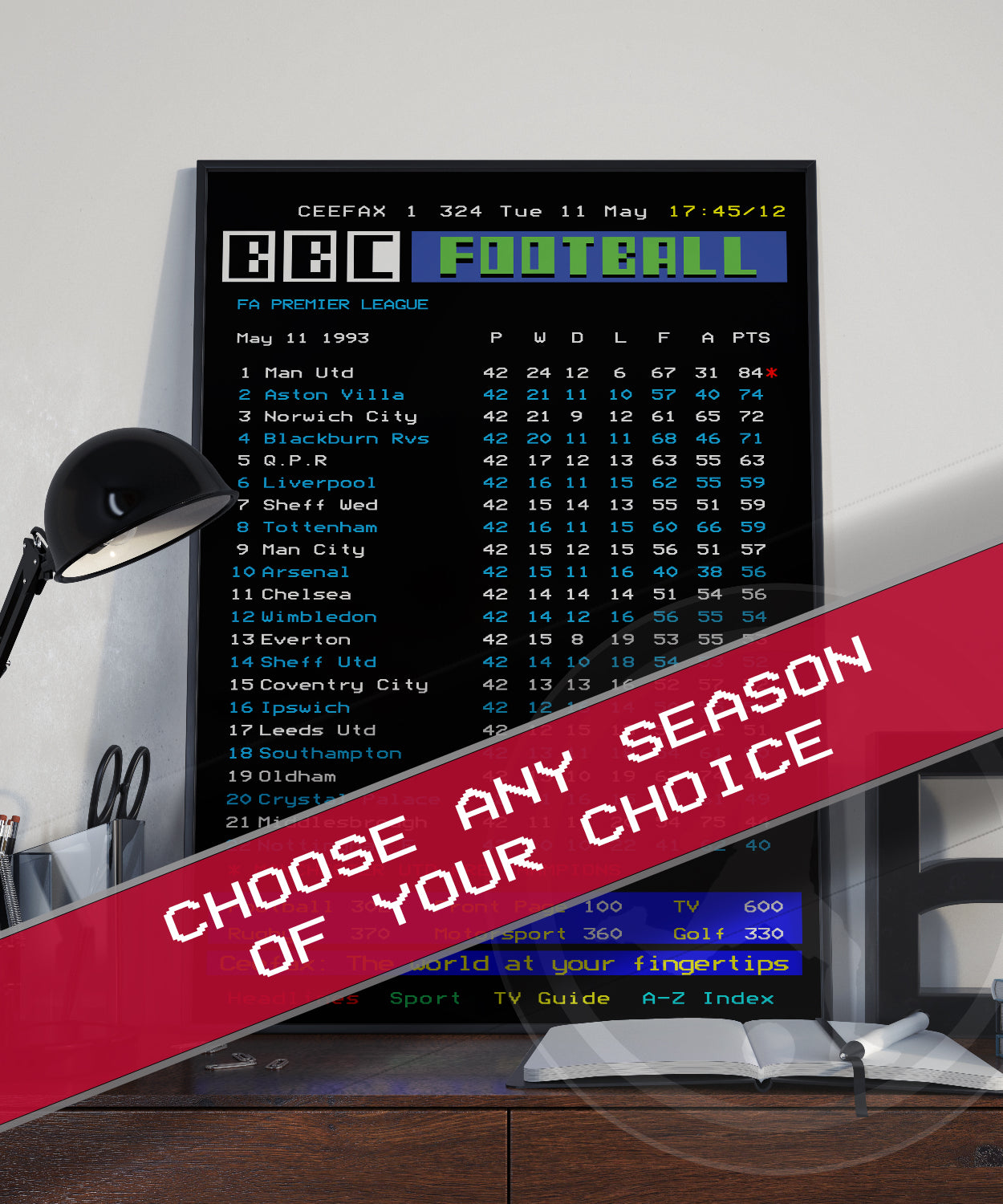 CEEFAX Customised Football League Table BBC Ceefax UK TV poster art decor print