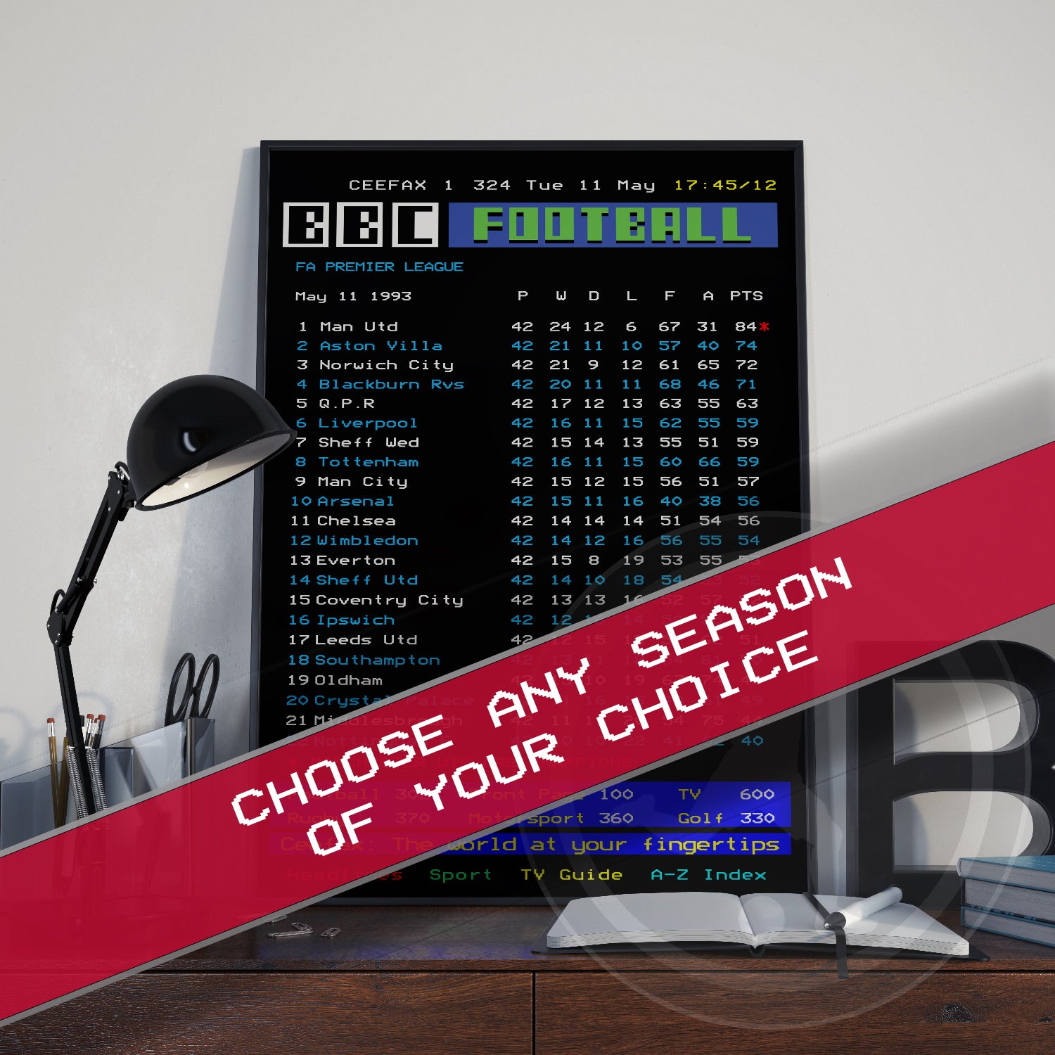 CEEFAX Customised Football League Table BBC Ceefax UK TV poster art decor print