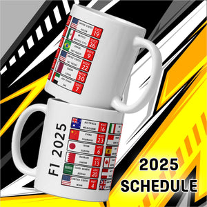 F1 2025 Race Calendar coffee mug, ideal gift for him or Dad. Glossy white mug, Great gift for the 2025 season, Worldwide Shipping